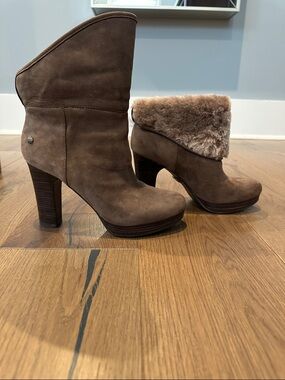 UGG Brown Suede Fur-Trim Heeled Ankle Boots